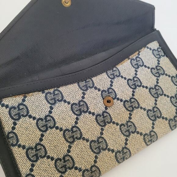 GUCCI Logo Envelope Leather Wallet Long Bifold Navy Blue Large Vintage - Picture 11 of 13